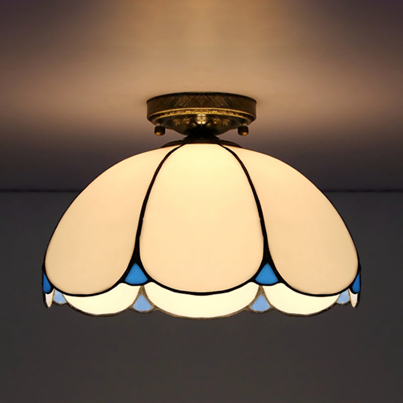 Plafonnier en vitrail vintage festonné - 1 lampe en blanc/beige/bleu - Idéal pour le salon