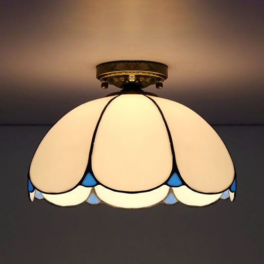 Scalloped Vintage Stained Glass Flush Mount Light - 1 Light in White/Beige/Blue - Perfect for Living Room