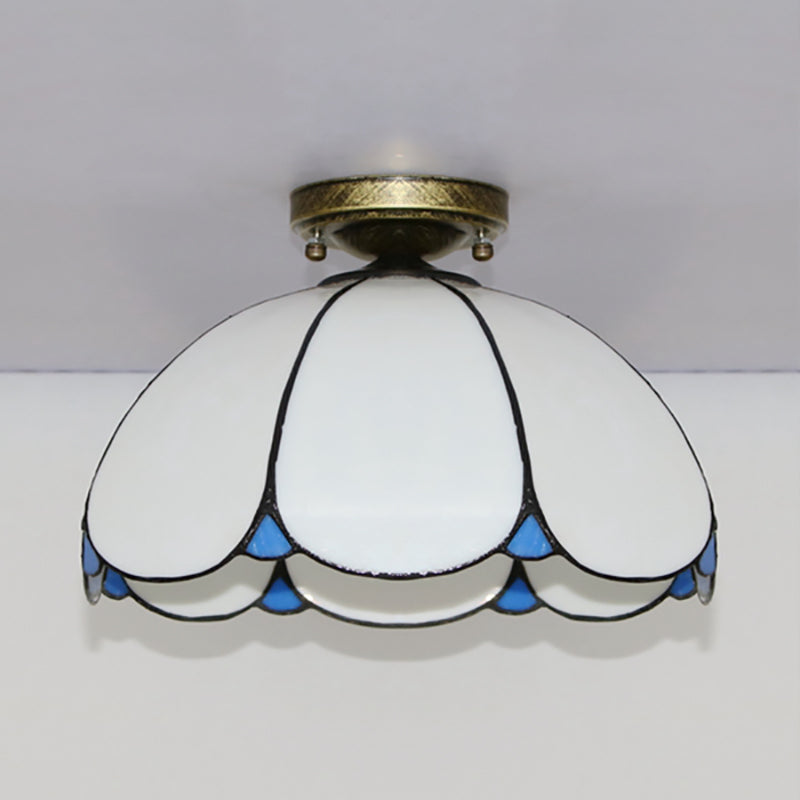 Plafonnier en vitrail vintage festonné - 1 lampe en blanc/beige/bleu - Idéal pour le salon
