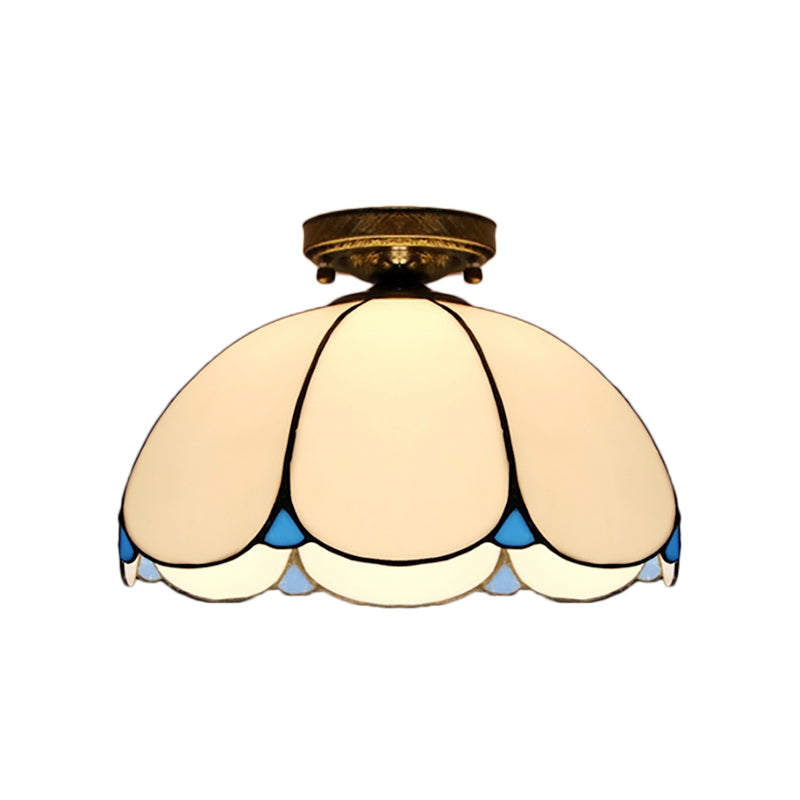 Plafonnier en vitrail vintage festonné - 1 lampe en blanc/beige/bleu - Idéal pour le salon