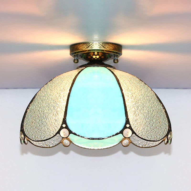 Scalloped Vintage Stained Glass Flush Mount Light - 1 In White/Beige/Blue Perfect For Living Room