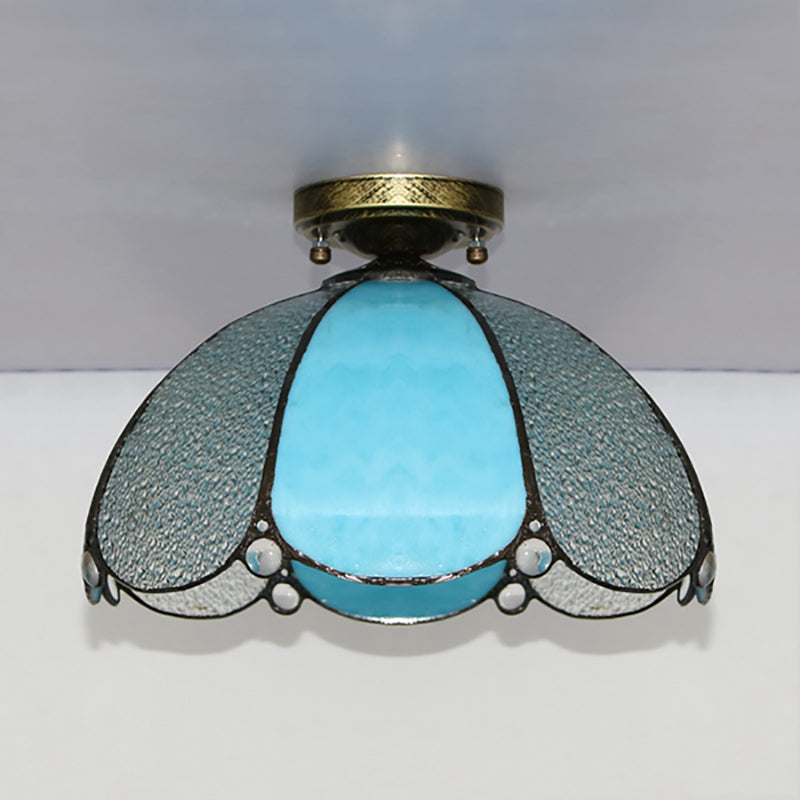 Scalloped Vintage Stained Glass Flush Mount Light - 1 In White/Beige/Blue Perfect For Living Room