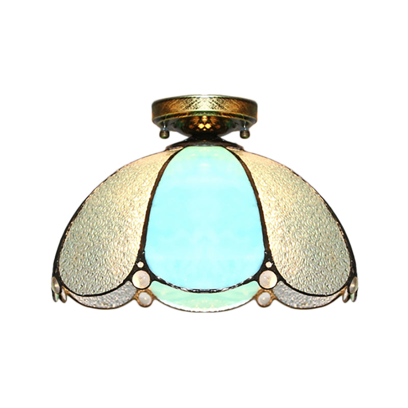 Plafonnier en vitrail vintage festonné - 1 lampe en blanc/beige/bleu - Idéal pour le salon