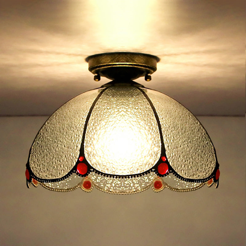 Scalloped Vintage Stained Glass Flush Mount Light - 1 In White/Beige/Blue Perfect For Living Room