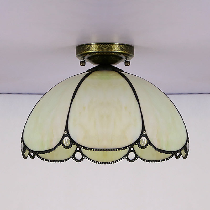 Scalloped Vintage Stained Glass Flush Mount Light - 1 In White/Beige/Blue Perfect For Living Room