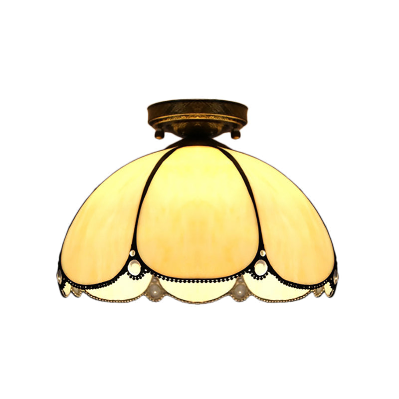 Plafonnier en vitrail vintage festonné - 1 lampe en blanc/beige/bleu - Idéal pour le salon