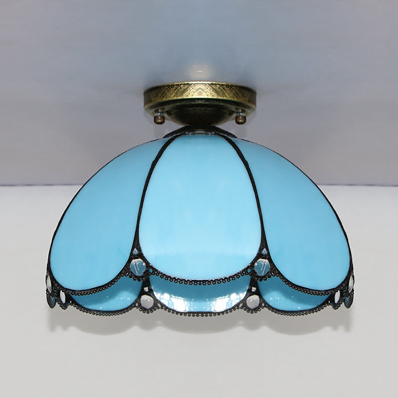 Plafonnier en vitrail vintage festonné - 1 lampe en blanc/beige/bleu - Idéal pour le salon