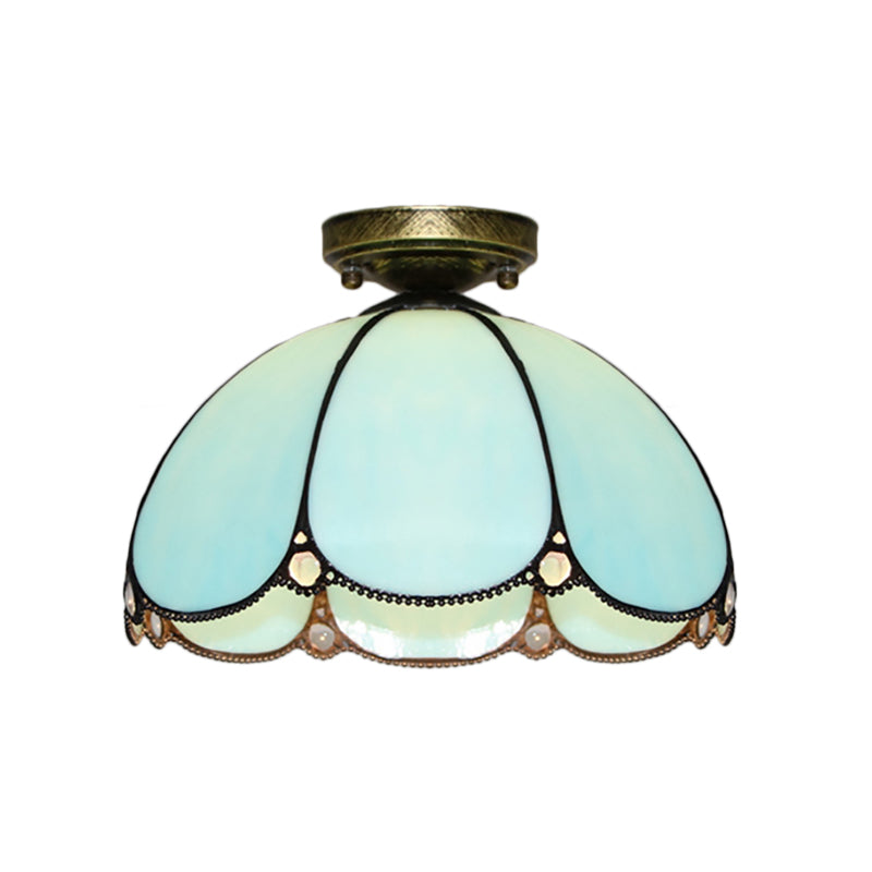 Plafonnier en vitrail vintage festonné - 1 lampe en blanc/beige/bleu - Idéal pour le salon