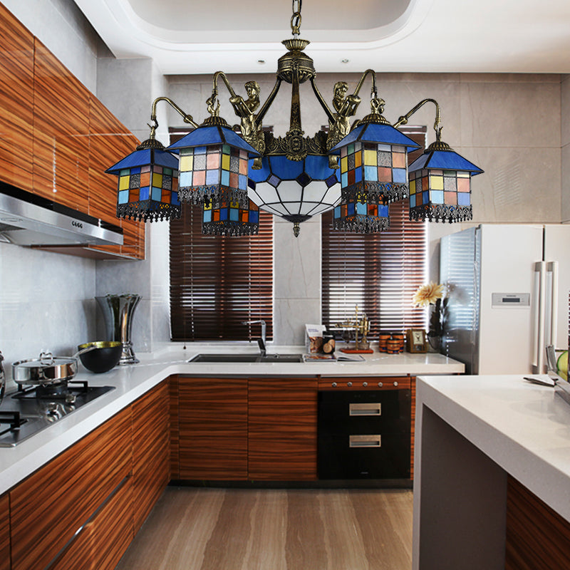 Clear/Blue Stained Glass Chandelier - Tiffany Pendant Lighting With 9 Lights For Dining Room Blue