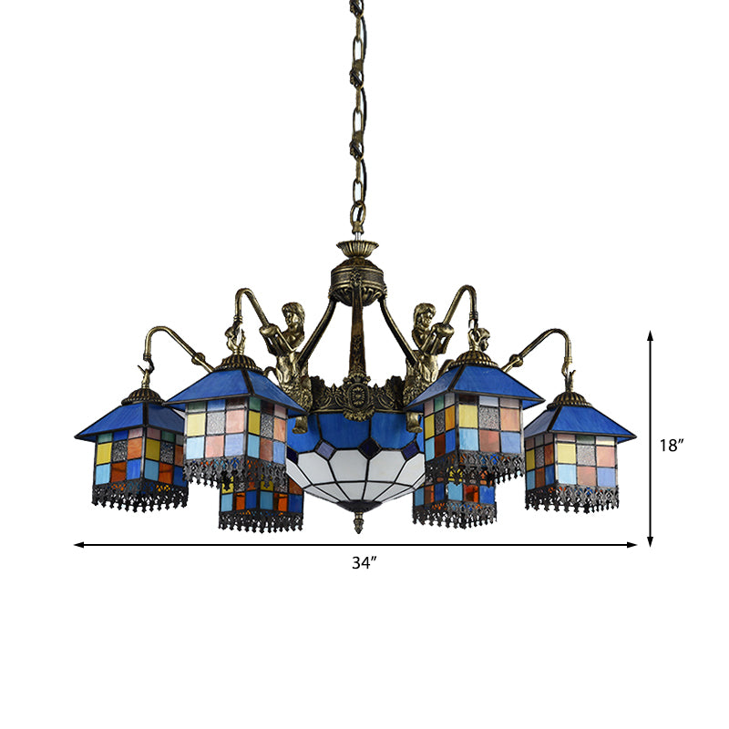 Lustre en verre teinté transparent/bleu avec 9 suspensions Tiffany pour salle à manger