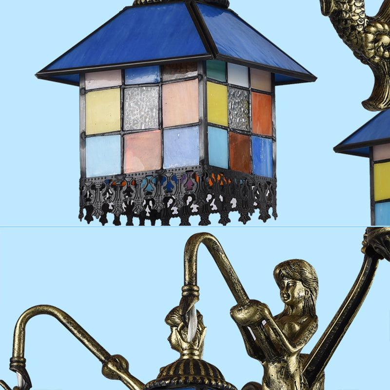 Lustre en verre teinté transparent/bleu avec 9 suspensions Tiffany pour salle à manger