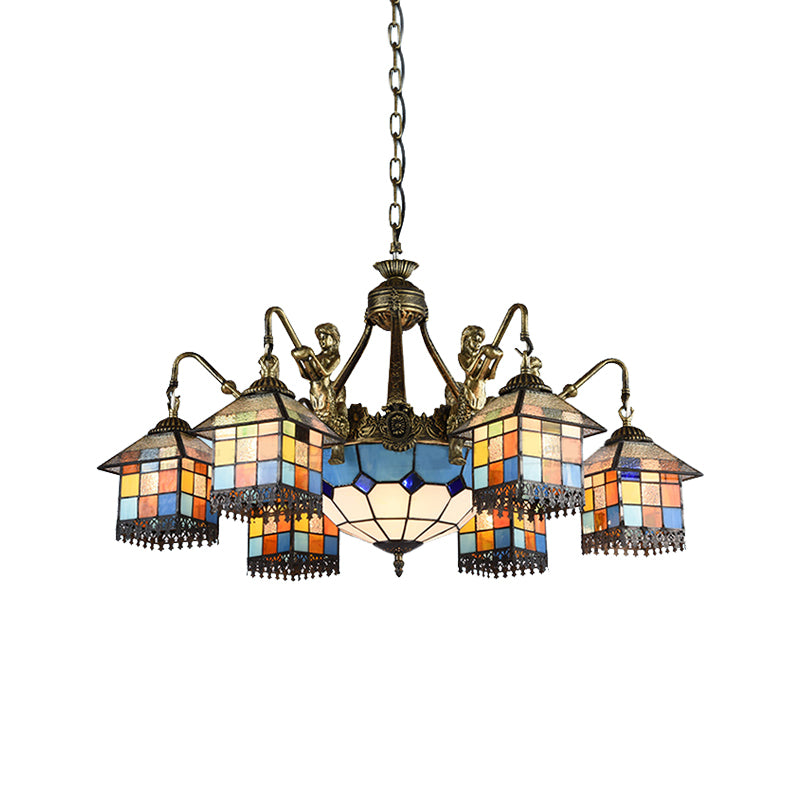 Lustre en verre teinté transparent/bleu avec 9 suspensions Tiffany pour salle à manger