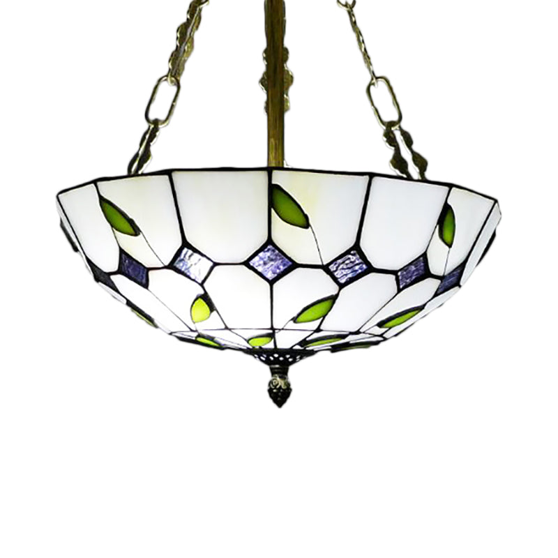 Retro Style Stained Glass Chandelier - 12"/16"/19.5" W Bowl Shade Ceiling Pendant with Leaf Pattern in Beige - Perfect for Dining Room