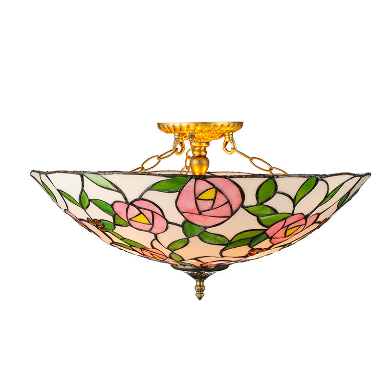 Vintage Tiffany Stained Glass Flush Ceiling Light with Pink and Green Bowl Design