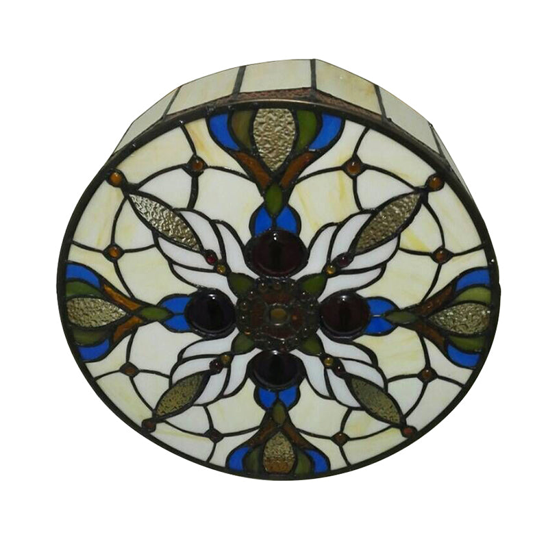 Vintage Stained Glass Flushmount Ceiling Light with Peacock Tail Pattern in Beige - 2 Lights