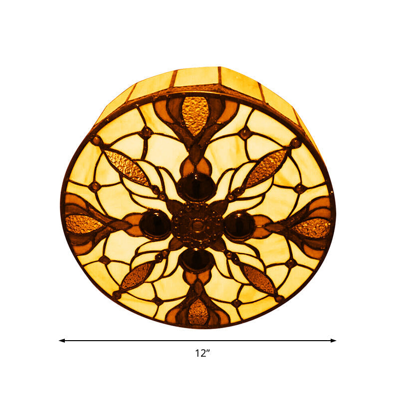 Vintage Stained Glass Flushmount Ceiling Light With Peacock Tail Pattern In Beige - 2 Lights