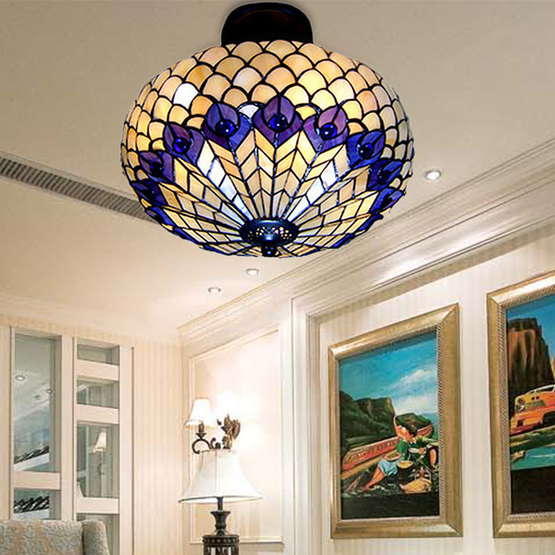 Vintage Stained Glass Peacock Pattern Semi Flush Ceiling Light with 3 Lights for Bedroom Lighting
