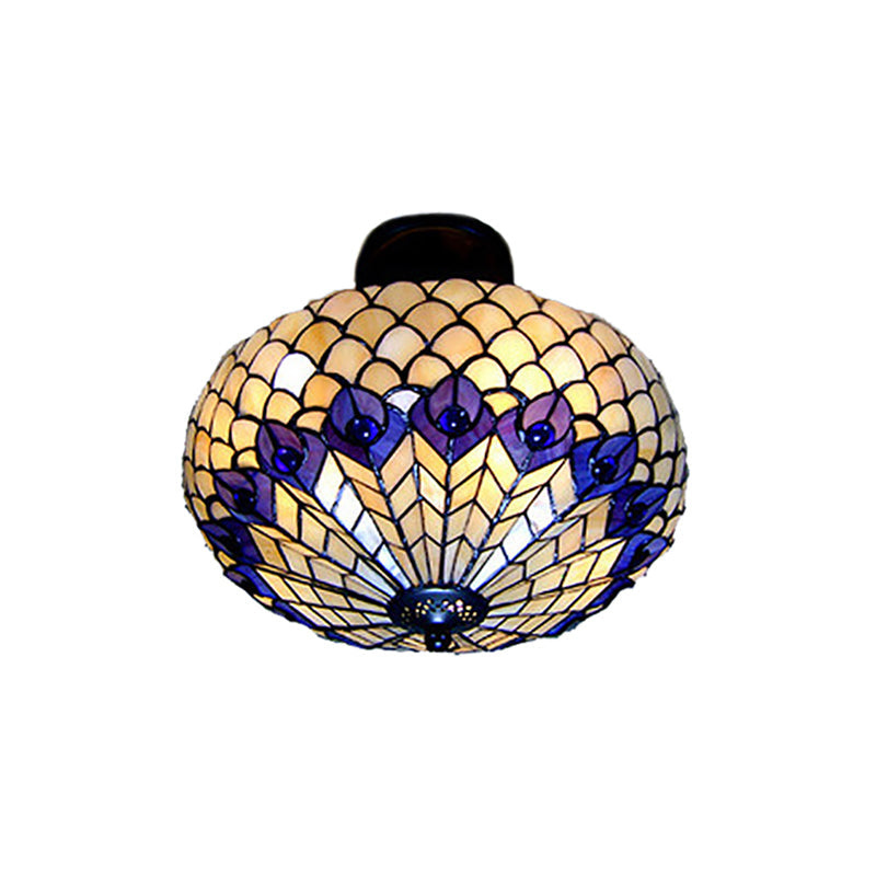 Vintage Stained Glass Peacock Pattern Semi Flush Ceiling Light with 3 Lights for Bedroom Lighting