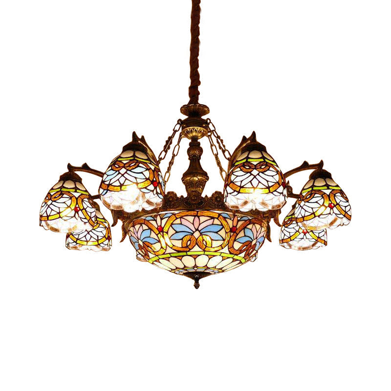 Suspension en vitrail Tiffany avec décoration florale et cordon : plafonnier suspendu en forme de bol