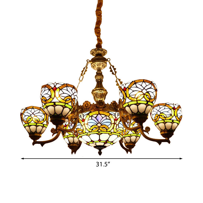 Suspension en vitrail Tiffany avec décoration florale et cordon : plafonnier suspendu en forme de bol
