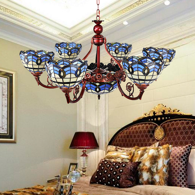 Lustre Tiffany en finition cuivre avec abat-jour en verre suspendu et têtes 7/9 en bleu/jaune