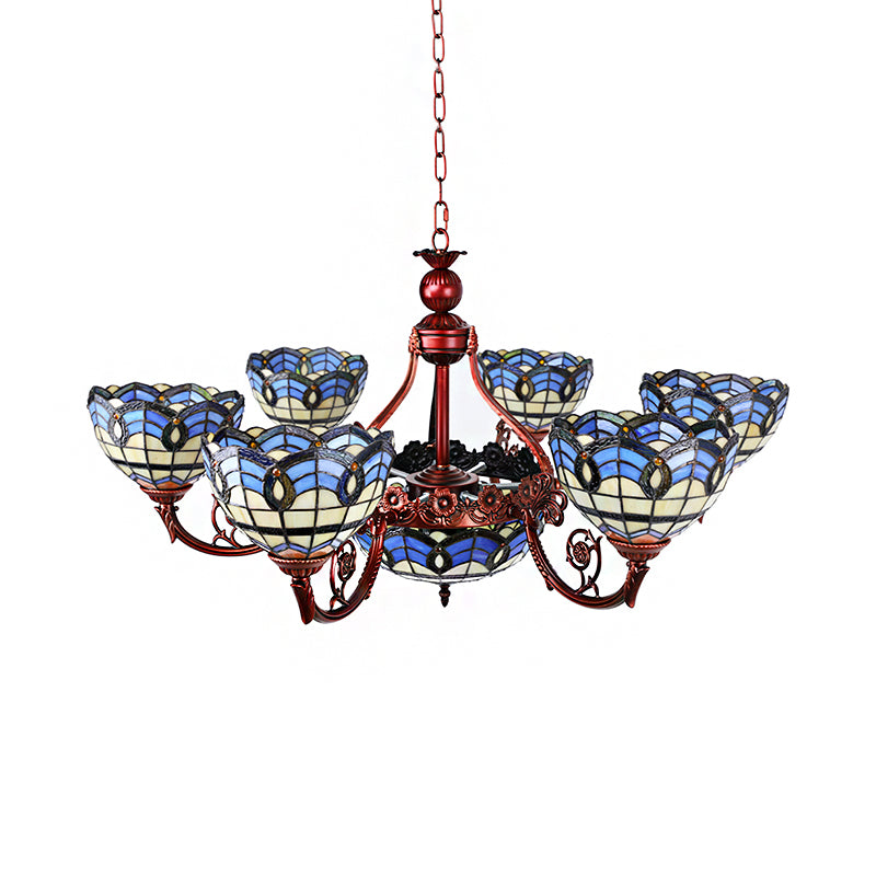 Lustre Tiffany en finition cuivre avec abat-jour en verre suspendu et têtes 7/9 en bleu/jaune