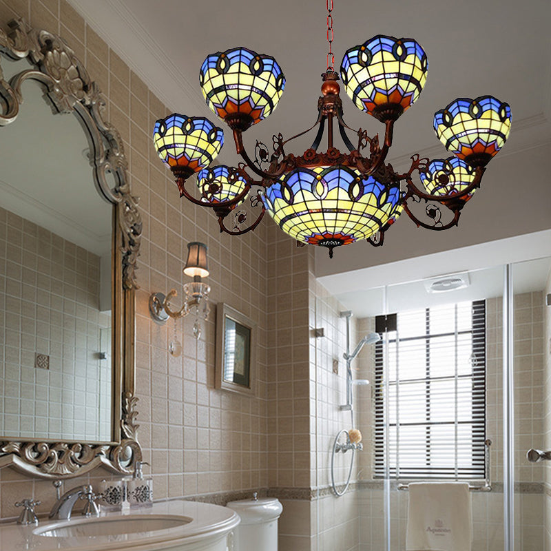 Lustre Tiffany en finition cuivre avec abat-jour en verre suspendu et têtes 7/9 en bleu/jaune