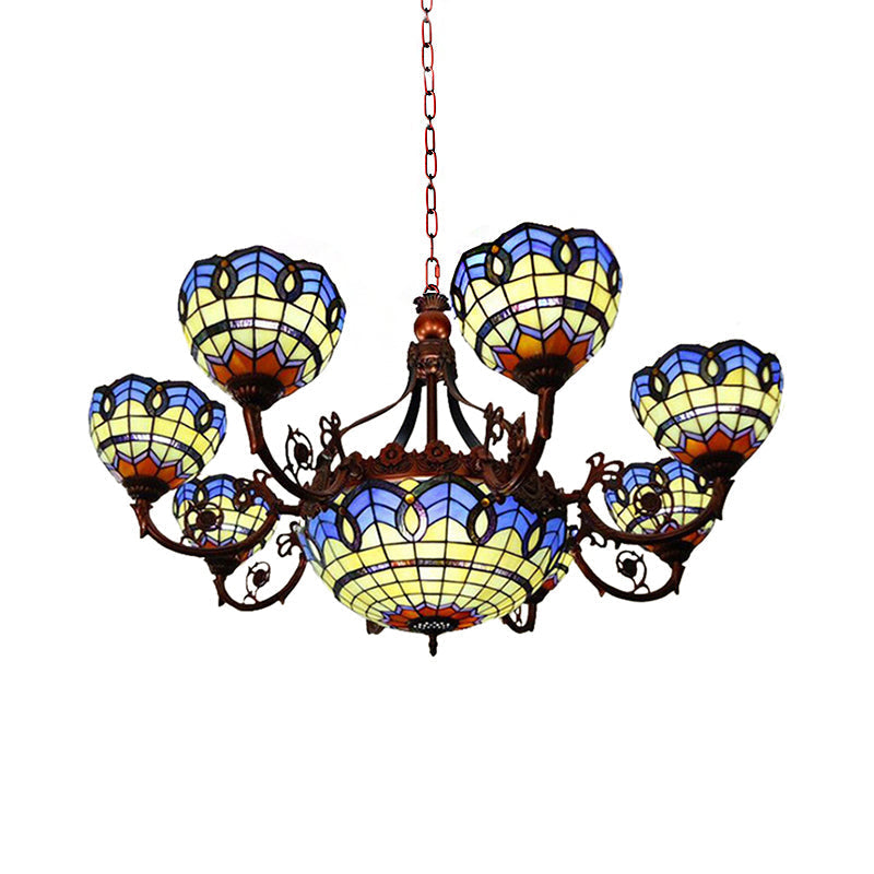 Lustre Tiffany en finition cuivre avec abat-jour en verre suspendu et têtes 7/9 en bleu/jaune