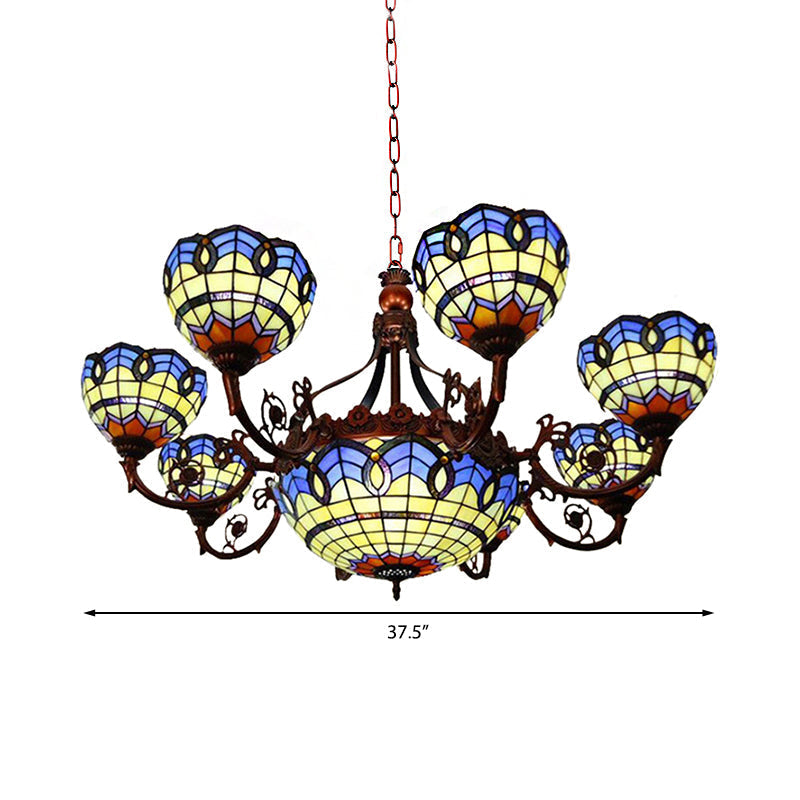 Lustre Tiffany en finition cuivre avec abat-jour en verre suspendu et têtes 7/9 en bleu/jaune