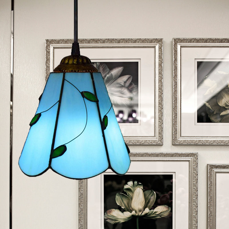 Lampe à suspension conique Tiffany en verre teinté bleu/beige - Mini suspension pour salon