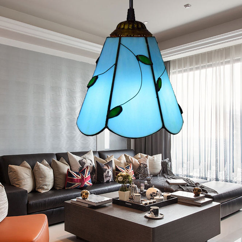 Lampe à suspension conique Tiffany en verre teinté bleu/beige - Mini suspension pour salon