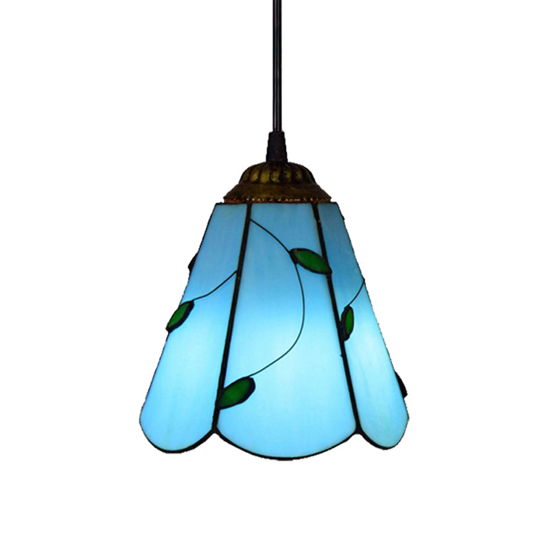 Lampe à suspension conique Tiffany en verre teinté bleu/beige - Mini suspension pour salon