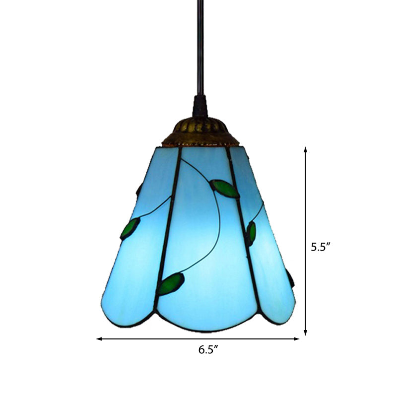 Lampe à suspension conique Tiffany en verre teinté bleu/beige - Mini suspension pour salon
