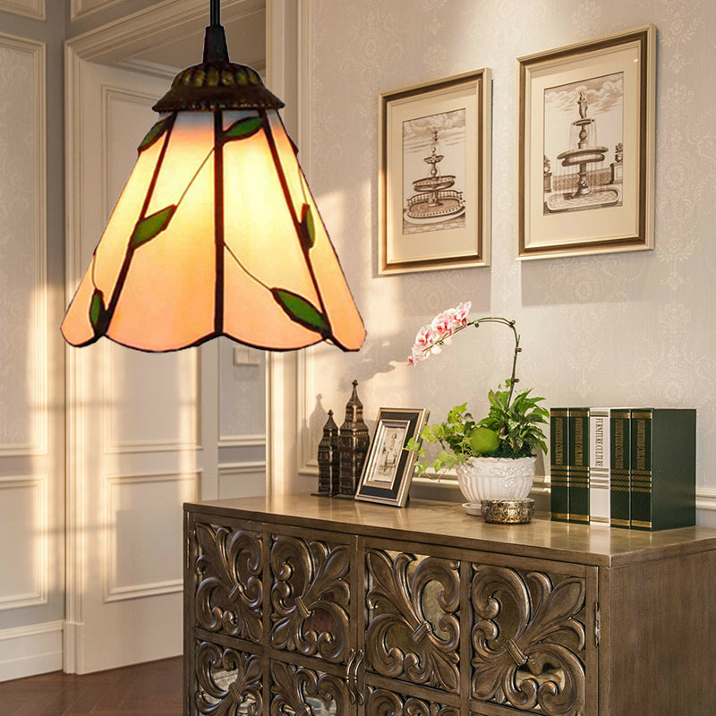 Lampe à suspension conique Tiffany en verre teinté bleu/beige - Mini suspension pour salon