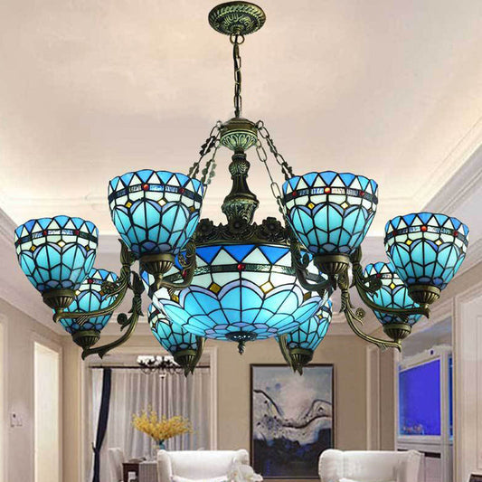 Lampe suspendue vintage en vitrail : lustre inversé en forme de dôme bleu avec 9 lumières pour le salon