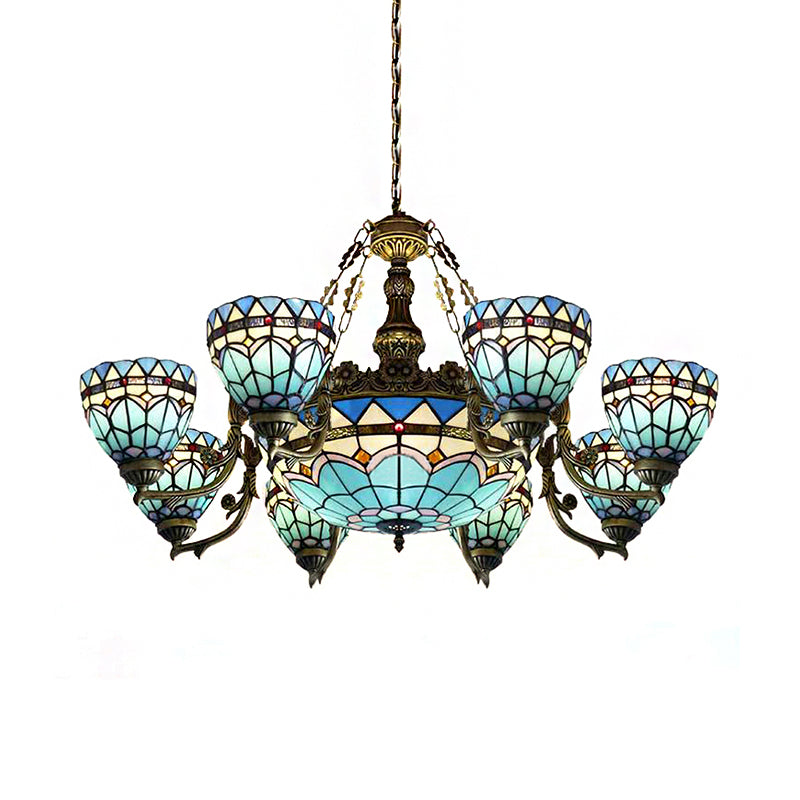 Lampe suspendue vintage en vitrail : lustre inversé en forme de dôme bleu avec 9 lumières pour le salon