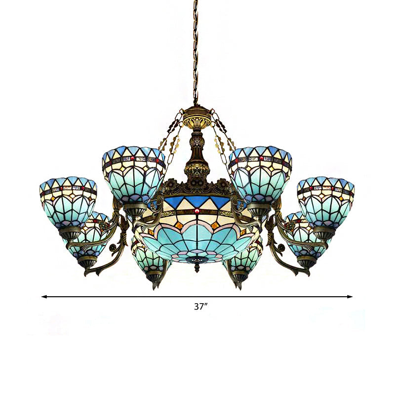 Blue Stained Glass Vintage Hanging Lamp: 9-Light Inverted Chandelier For Living Room