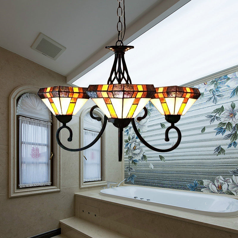 3-Head Pyramid Chandelier: Tiffany Stained Glass Inverted Lighting for Living Room