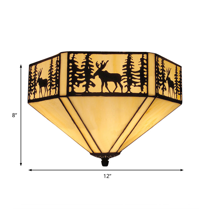 Retro Style Geometric Stained Glass Flush Mount Ceiling Light in White - Elegant 1/2 Light Flushmount