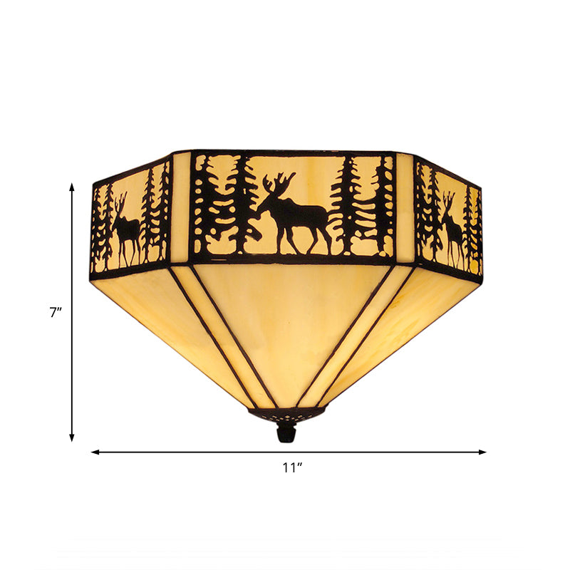 Retro Style Geometric Stained Glass Flush Mount Ceiling Light in White - Elegant 1/2 Light Flushmount