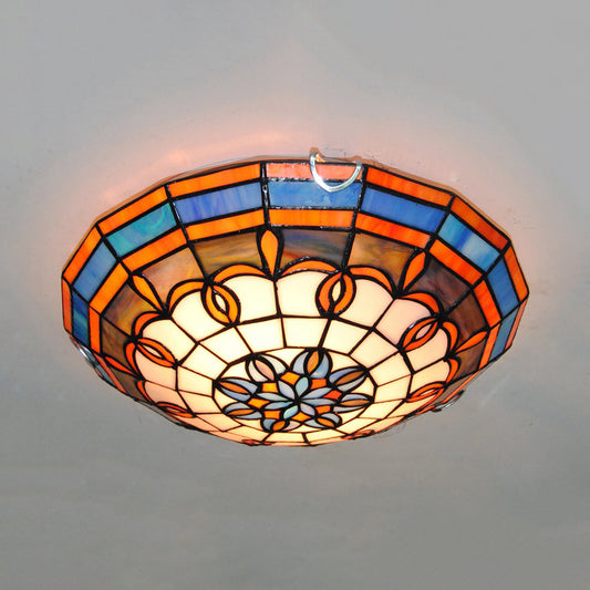 Baroque Stained Glass Flushmount Light: Blue/Yellow Bowl Ceiling Light for Living Room