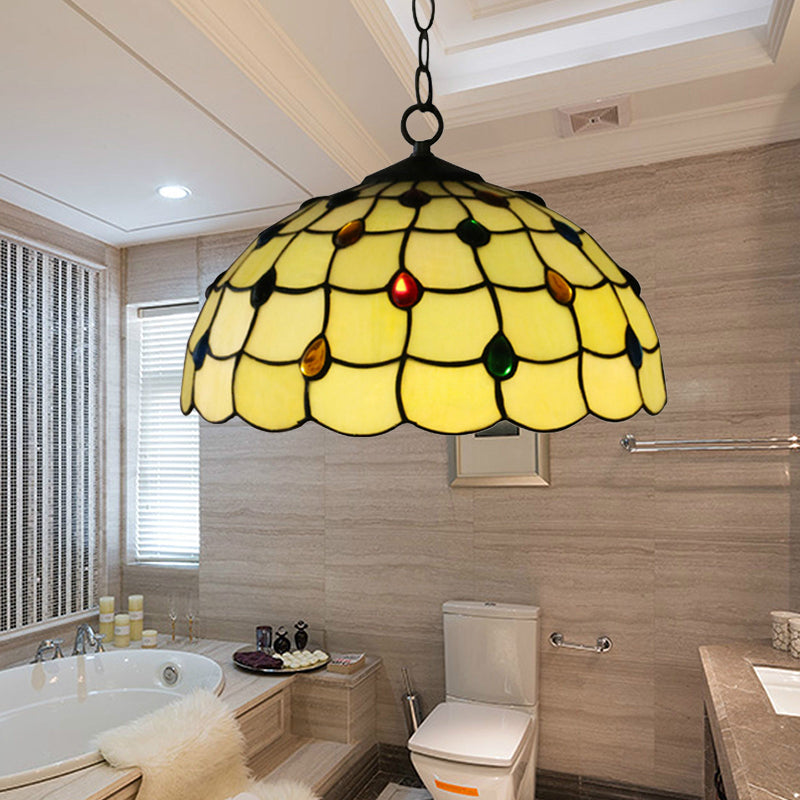 Lampe à suspension en vitrail de style Tiffany – Luminaire blanc élégant à 1 tête avec bijou pour salles de bains