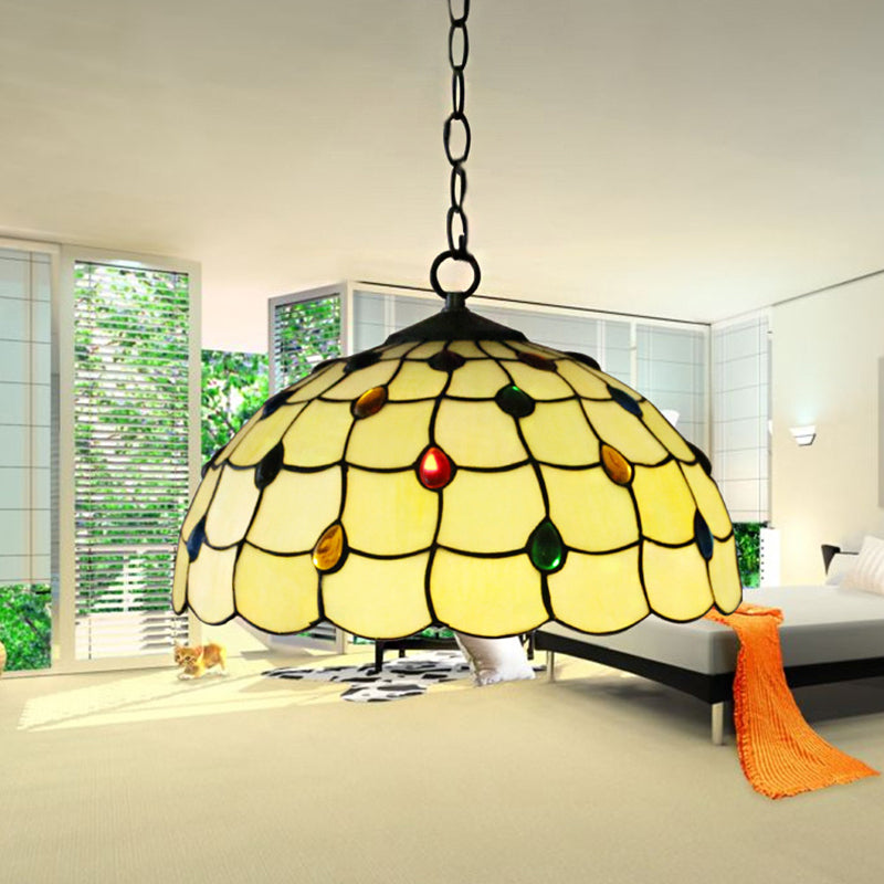 Lampe à suspension en vitrail de style Tiffany – Luminaire blanc élégant à 1 tête avec bijou pour salles de bains