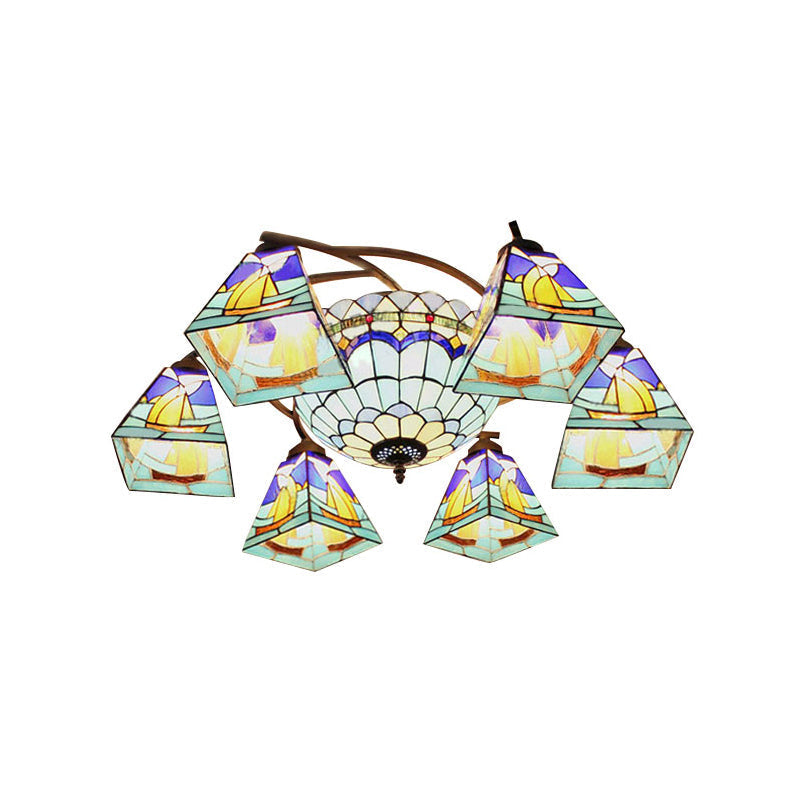 Lustre géométrique coloré Lodge : suspension en vitrail inversé jaune et bleu pour salon