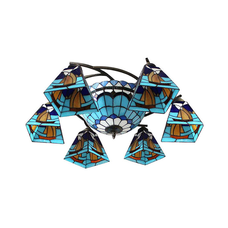 Lustre géométrique coloré Lodge : suspension en vitrail inversé jaune et bleu pour salon