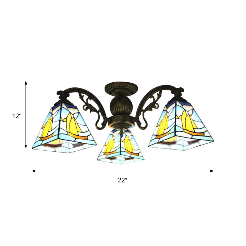 Lustre géométrique coloré Lodge : suspension en vitrail inversé jaune et bleu pour salon