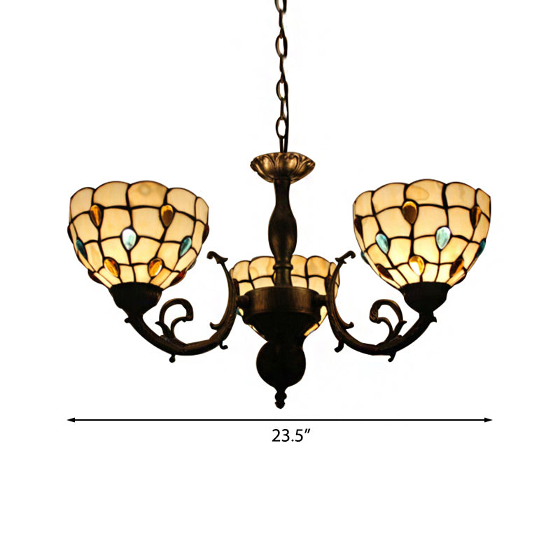 Lustre à 3 lumières en forme de bol en verre teinté Tiffany avec motif de bijoux pour chambre à coucher