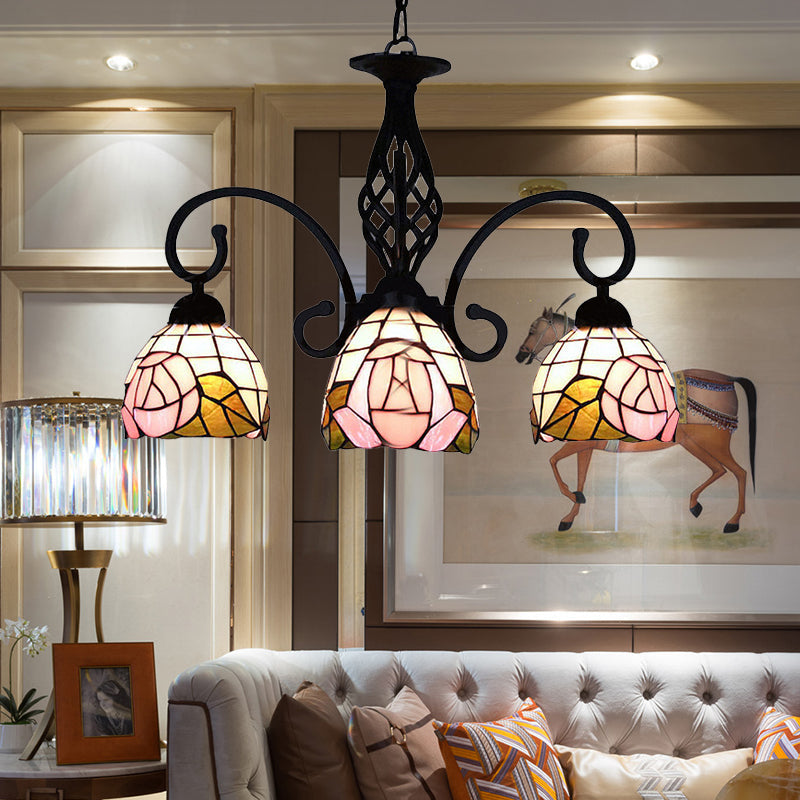 Lustre floral en vitrail de style rétro - Luminaire à 3 lumières en forme de dôme en rose
