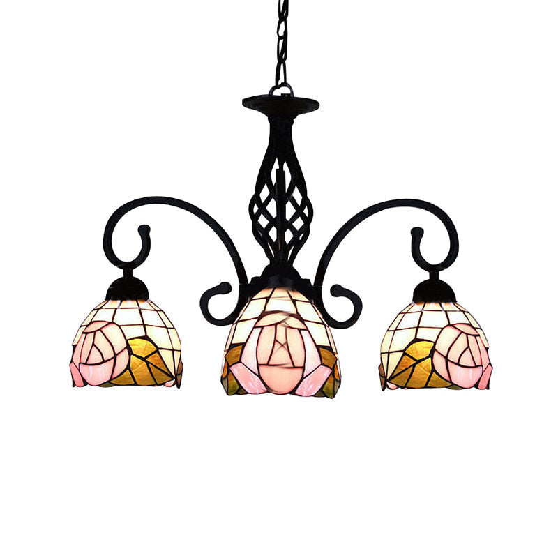 Lustre floral en vitrail de style rétro - Luminaire à 3 lumières en forme de dôme en rose