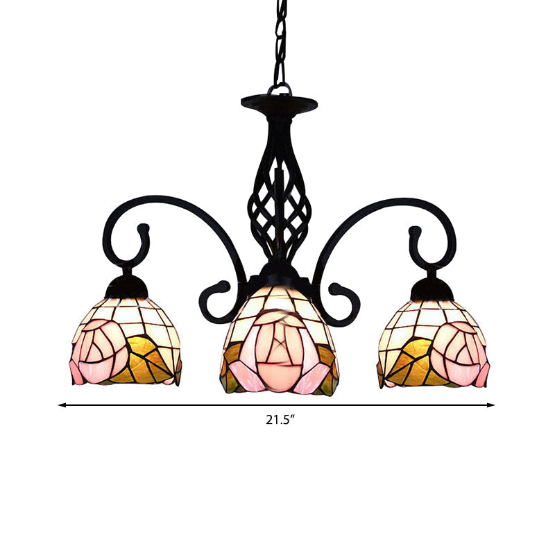 Lustre floral en vitrail de style rétro - Luminaire à 3 lumières en forme de dôme en rose